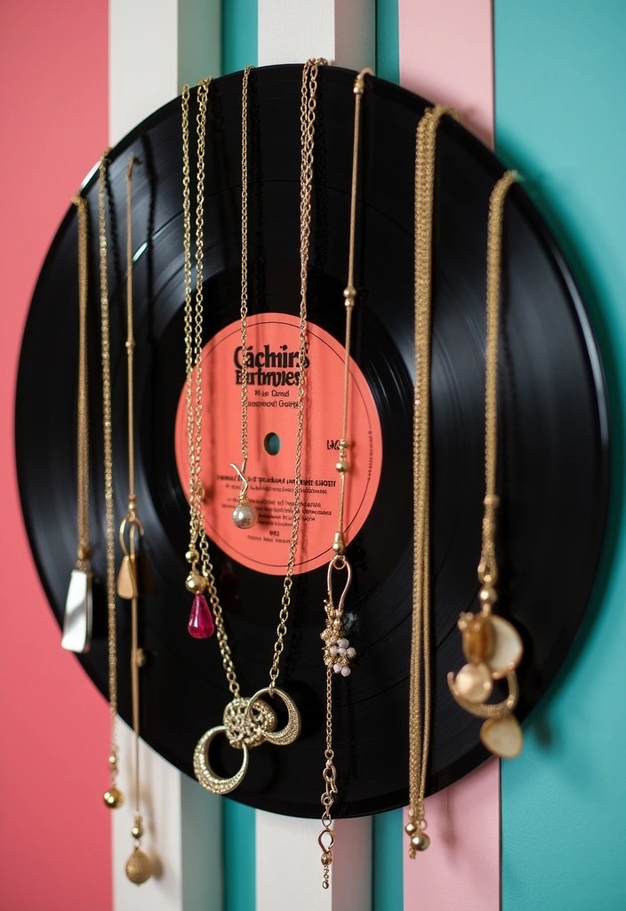 18 Stunning Ways to Display Your Vinyl Records (Your Guests Will Be Jealous!) - 17. Vinyl Record Jewelry Holder